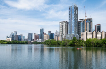 USA, Texas, Austin, Downtown buildings seen across river