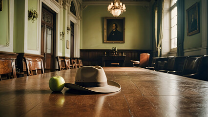 quite, grand hall with an apple and a worn hat on the table