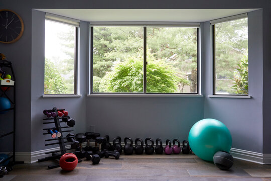 USA, New York, Irvington, Exercise equipment in home gym