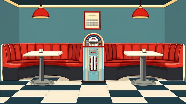 Retro Diner Interior with Jukebox and Booths.