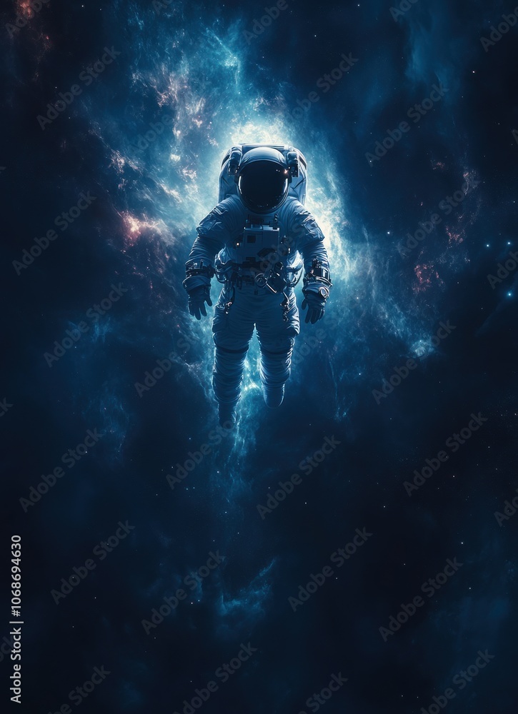 Poster astronaut floating in the vastness of space against a stellar background