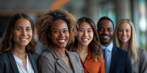 Group of diverse professionals in formal clothing posing together with happy expressions. AI generated