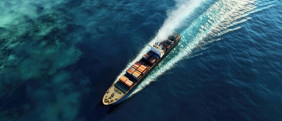 Aerial perspective of a large container ship with a clear contrail against blue waters, Cargo Ship, Aerial,Sea Transport