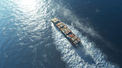 Aerial perspective of a large container ship with a clear contrail against blue waters, Cargo Ship, Aerial,Sea Transport