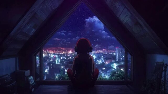 A girl wearing headphones, sitting in an attic room and gazing out of a window at the vibrant night snowing cityscape. 4k video