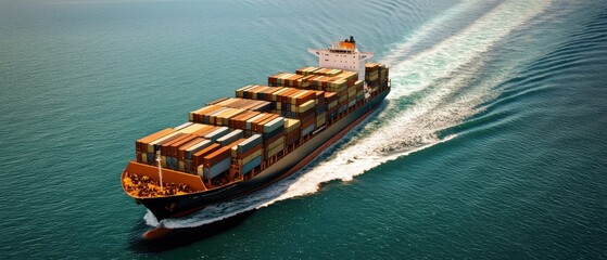 Aerial perspective of a large container ship with a clear contrail against blue waters, Cargo Ship, Aerial,Sea Transport