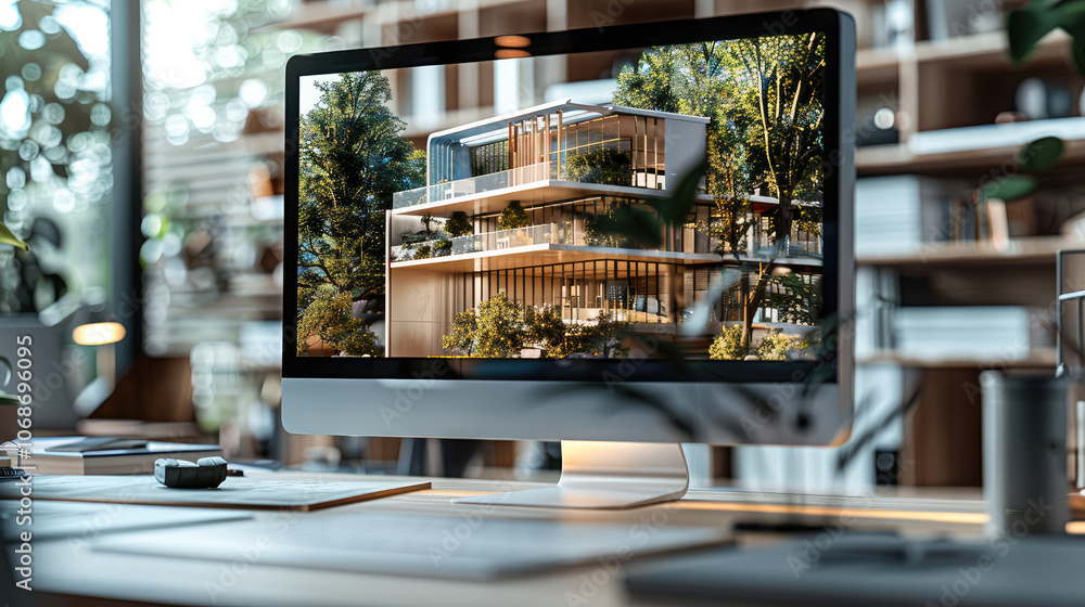 Poster A computer screen displaying a detailed architectural model, this computer is surrounded by design tools like sketches. The background is a modern office environment, professional design studio.