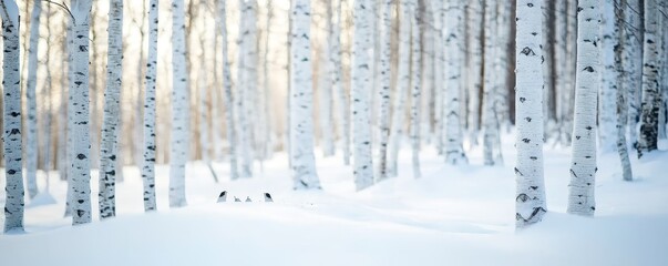 A serene winter landscape features tall birch trees covered in snow under soft, diffused light, creating a tranquil and ethereal atmosphere.