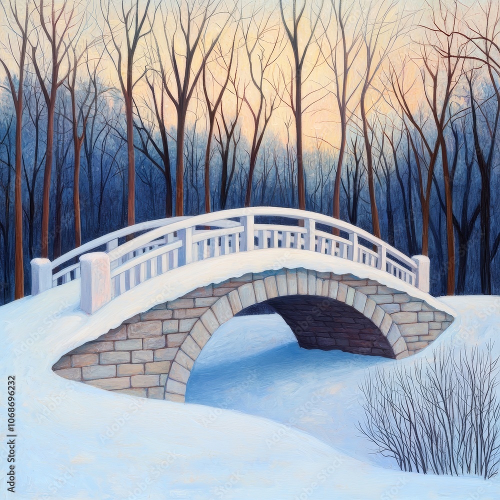 Poster a serene winter landscape featuring a stone bridge arching over a snowy scene, surrounded by bare tr