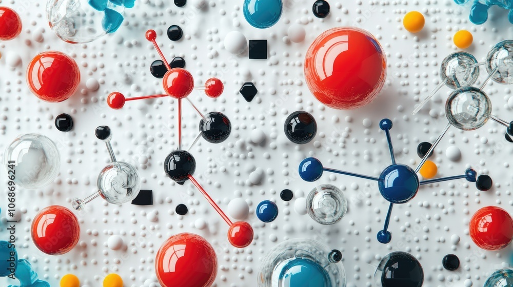 Poster 3D abstract visualization of atoms and molecules on a science-themed background, representing the integration of chemistry and biology in medical science