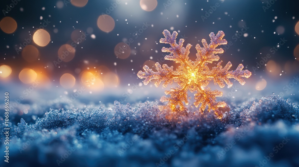 Poster A single snowflake with soft glow, resting in snow with blurred bokeh lights in background.