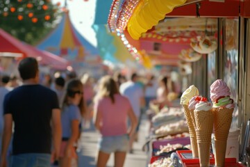 Naklejka premium A busy street fair with an ice cream stand selling cones, cups, and sundaes.