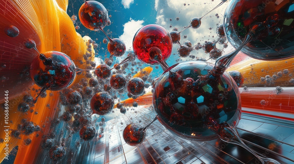 Poster 3d illustration of molecules and atoms floating in a high-tech science background, representing cutt