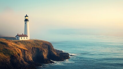 Fototapeta premium Serene lighthouse on cliff at sunset.