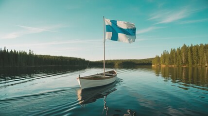 Traditional finnish rowboat with flag on serene lake amidst forests, celebrating finland independence day concept