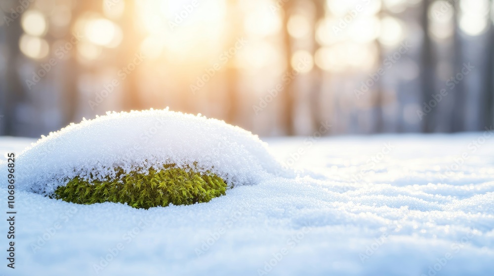 Poster a serene winter scene featuring a patch of green moss partially covered by snow, illuminated by soft