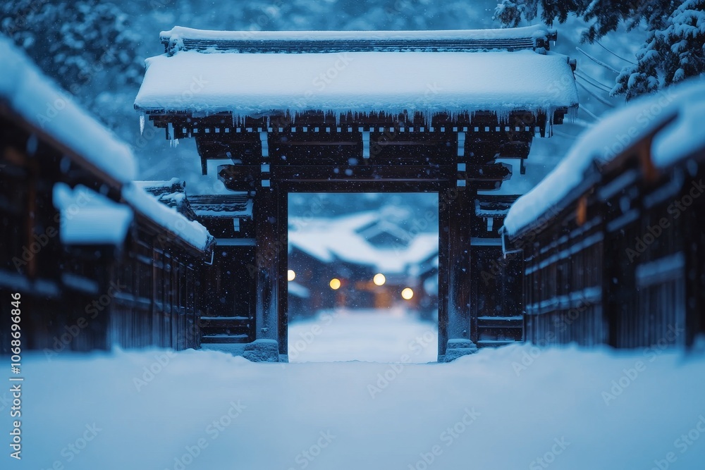 Poster a serene winter scene featuring a snow-covered gate and pathway, illuminated by soft lights, creatin