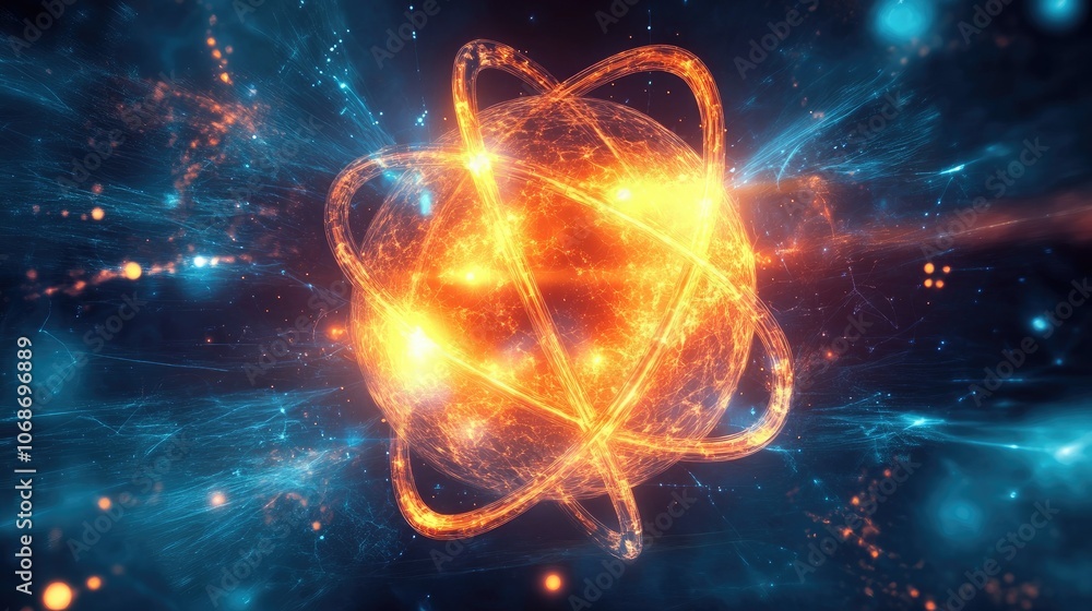 Poster 3D rendering of molecules and atoms on a dynamic, glowing science background, symbolizing advanced chemistry, medical science, and technological research