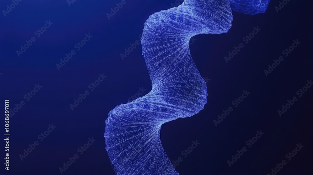 Poster a 3d polygonal wireframe representation of a dna molecule helix spiral, set against a deep blue back