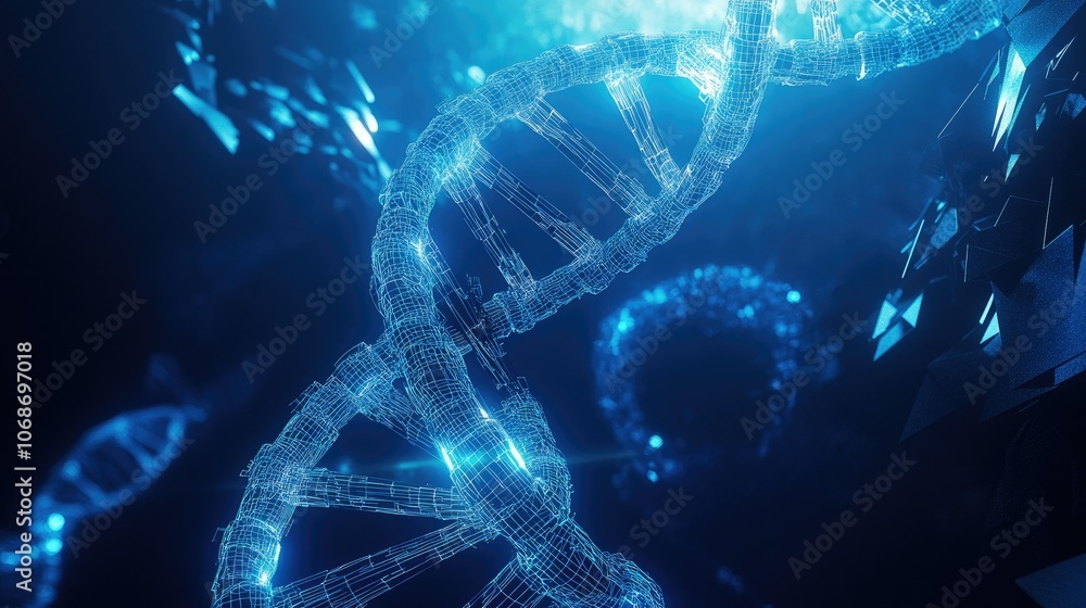 Poster a 3d polygonal wireframe representation of a dna molecule helix spiral, set against a deep blue back