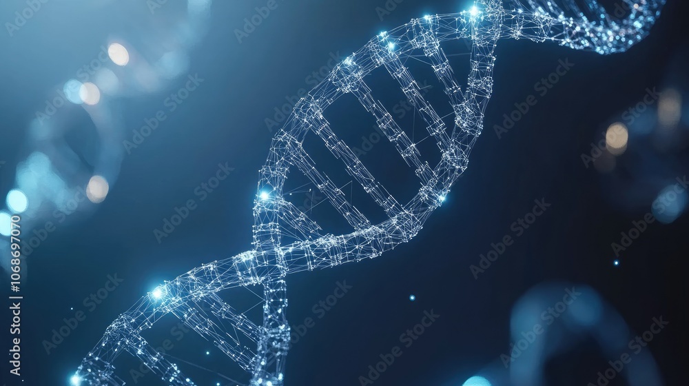 Poster a 3d polygonal wireframe representation of a dna molecule helix spiral, set against a deep blue back