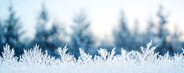 A serene winter scene featuring delicate frost crystals in the foreground against a blurred backdrop of evergreen trees.