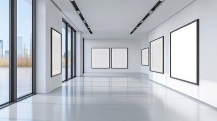 Fototapeta premium A modern, minimalist gallery space with large windows and empty frames on the walls, creating a bright and inviting atmosphere.
