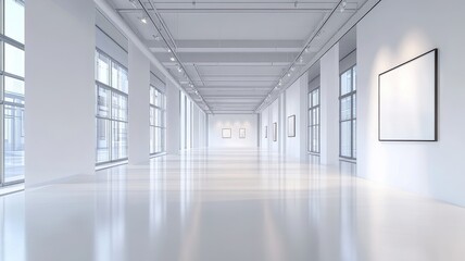 A spacious, modern art gallery featuring white walls, large windows, and polished floors, designed for showcasing artwork in a bright environment.