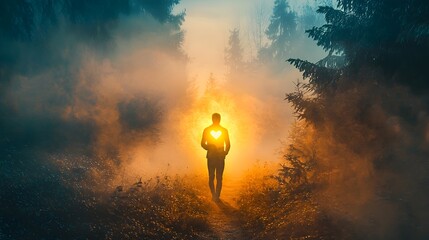 Silhouetted Figure in Foggy Forest Clutching Glowing Heart Symbolizing Hope in Uncertain Times