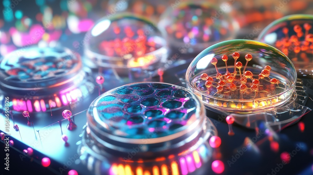 Aufkleber a futuristic 3d rendering of embryonic stem cells, surrounded by molecular structures, symbolizing b