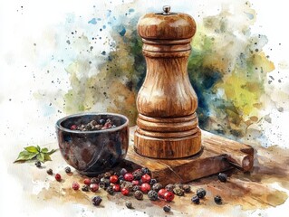 Watercolor illustration of a wooden pepper mill beside a bowl of peppercorns on a rustic surface, evoking a culinary and artisanal theme.