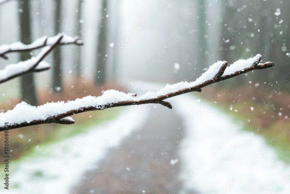 Poster a snowy path through a misty forest, with a close-up of a snow-covered branch in the foreground, cre