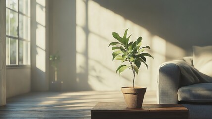 A cozy living room featuring a small potted plant beside a comfortable sofa, illuminated by warm sunlight creating soft shadows.