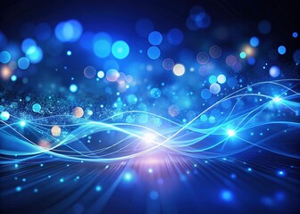 An elegant dark blue abstract backdrop showcasing radiant particles, smooth wave lines, and mesmerizing bokeh effects, ideal for enhancing any creative design or visual work.