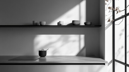 A minimalist shelf with a few items, softly lit through a window, creating a serene atmosphere with shadows and natural elements.
