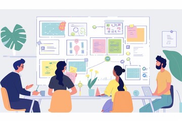 Office strategy session with creative people thinking, meeting, and planning schedules for team brainstorming