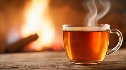 A steaming cup of tea sits on a wooden table, with a warm fireplace glowing in the background, creating a cozy atmosphere.