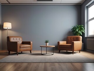A living room with chair and sofa office front picture on the wall Image