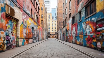 Fototapeta premium Urban alleyway with vibrant graffiti art on brick walls leading towards modern skyscrapers in the distance