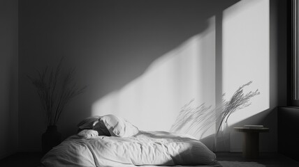 A serene, minimalist bedroom scene featuring a plush duvet, soft light casting shadows, and a touch of greenery from plants nearby.