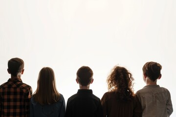 Silhouette of a group of people viewed from behind against a white background