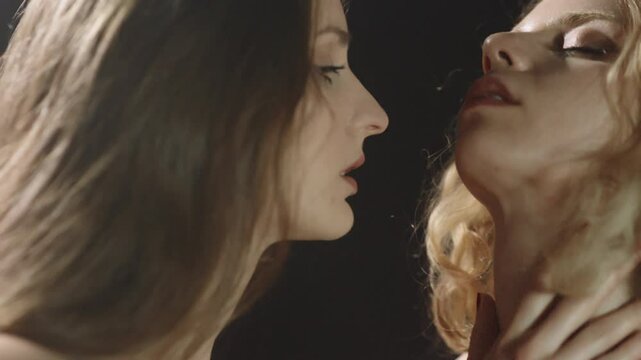 Couple of hot young female lovers kissing and softly touching each other on a dark background  3