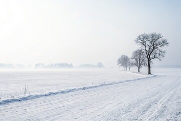A peaceful winter scene, fog shrouding a tranquil wonderland.
