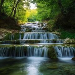 Tiered waterfall cascades over rocks surrounded by lush greenery misty atmosphere creates serene natural retreat jungle.