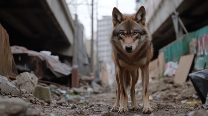 都会の野生動物：コンクリートジャングルを歩き回る雄大なオオカミ