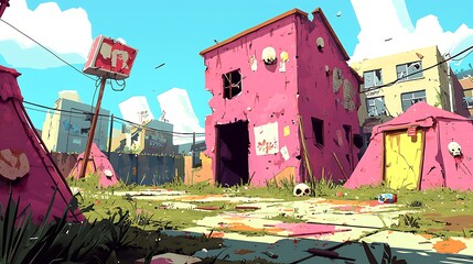Abandoned Buildings with Pink Tents in a Post-Apocalyptic World.
