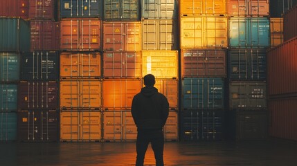 Back view of a logistics coordinator ensuring stock container in a brightly port