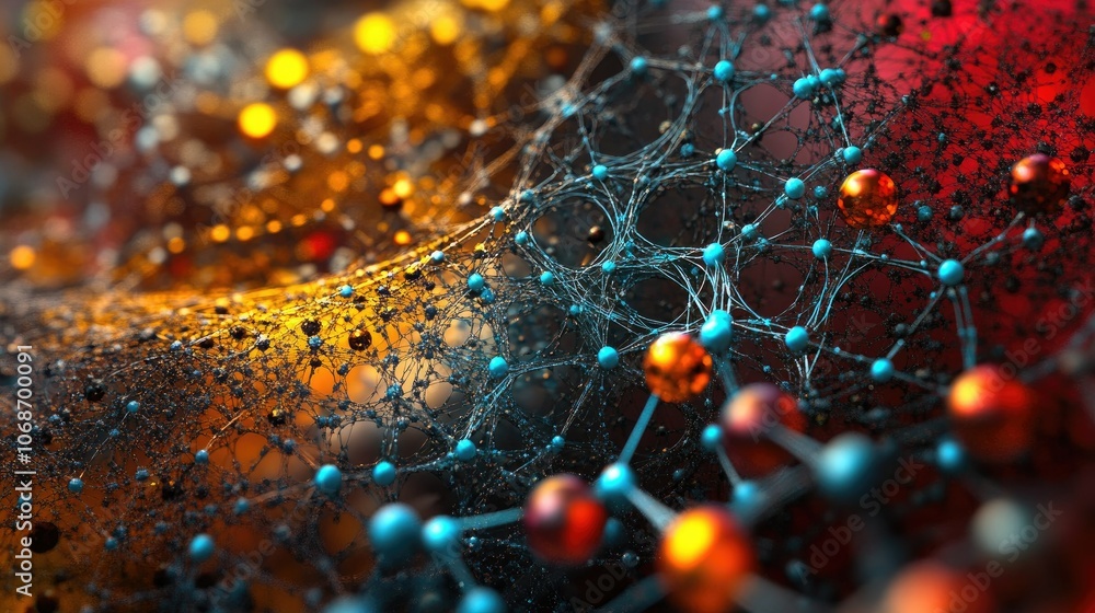 Poster Abstract 3D model of molecules and atoms interconnecting in a complex structure, representing the core of molecular science and medical research