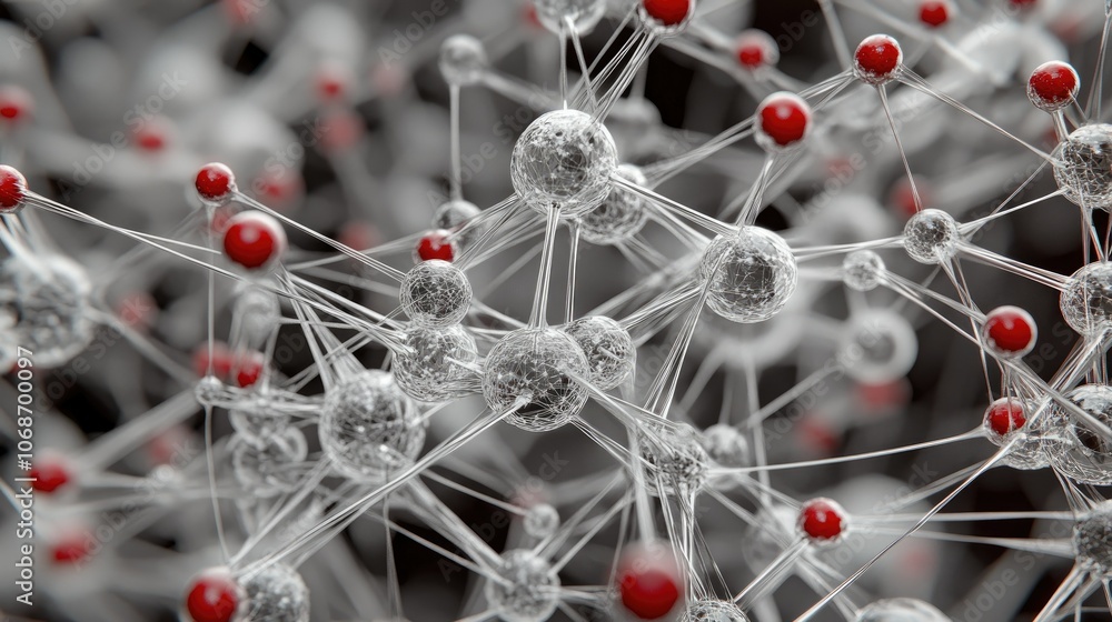Poster Abstract 3D model of molecules and atoms interconnecting in a complex structure, representing the core of molecular science and medical research