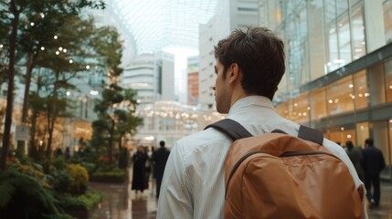 Fototapeta premium 都市探検：モダンな屋内庭園でバックパックを背負った男性
